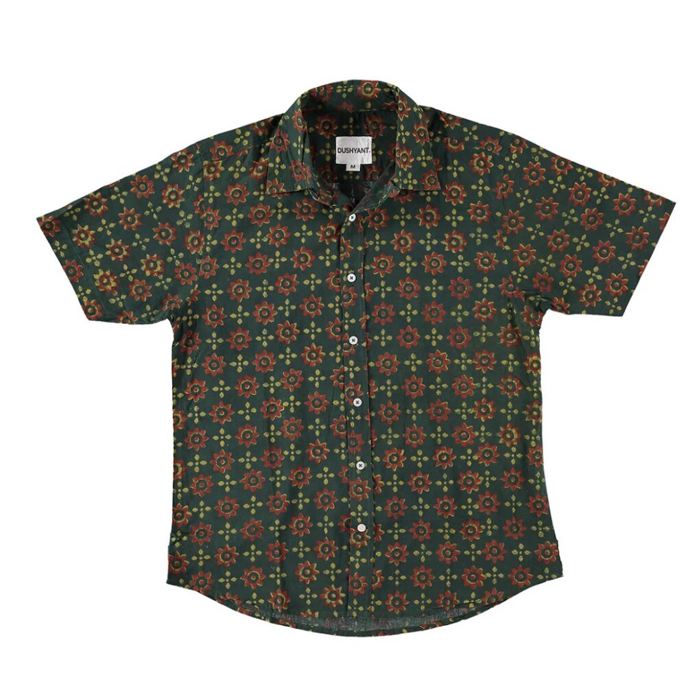 Dushyant Hand Block Printed 'THE SUFI' Short Sleeve Shirt - Green & Red - Size L